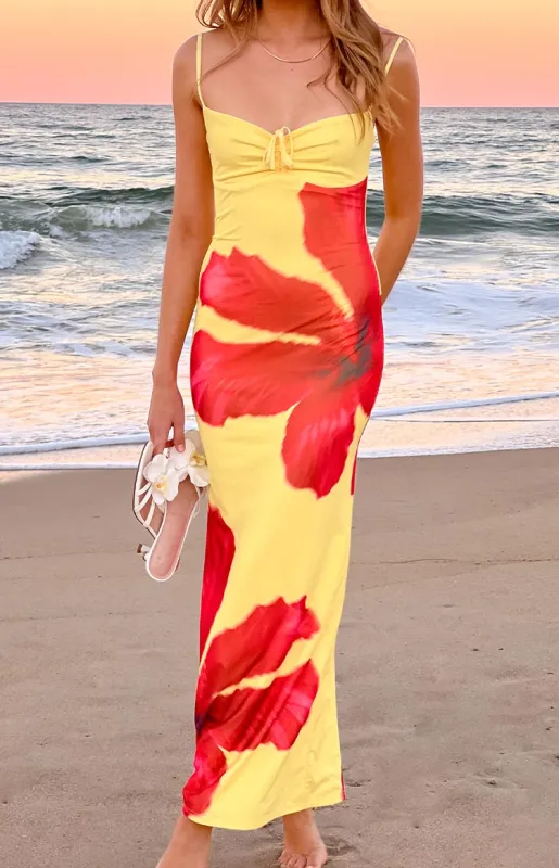 Rosalyn Yellow Hibiscus Print Maxi Dress sold by Beginning Boutique