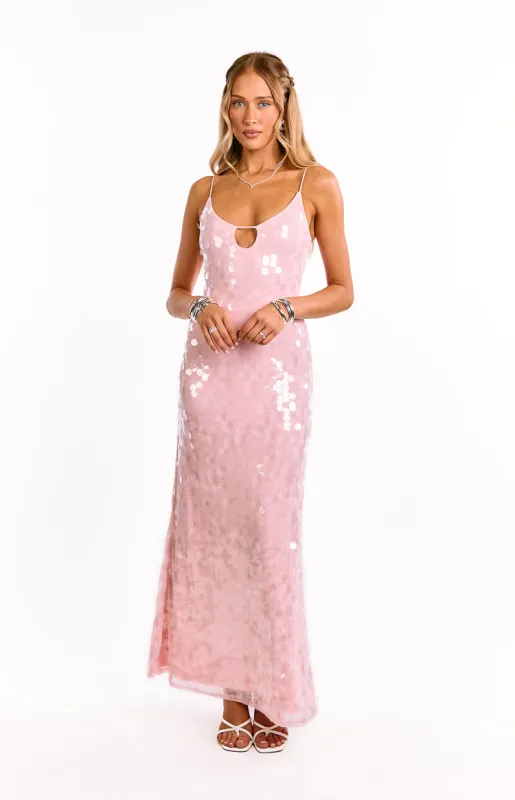 Lyanna Pink Sequin Maxi Dress sold by Beginning Boutique