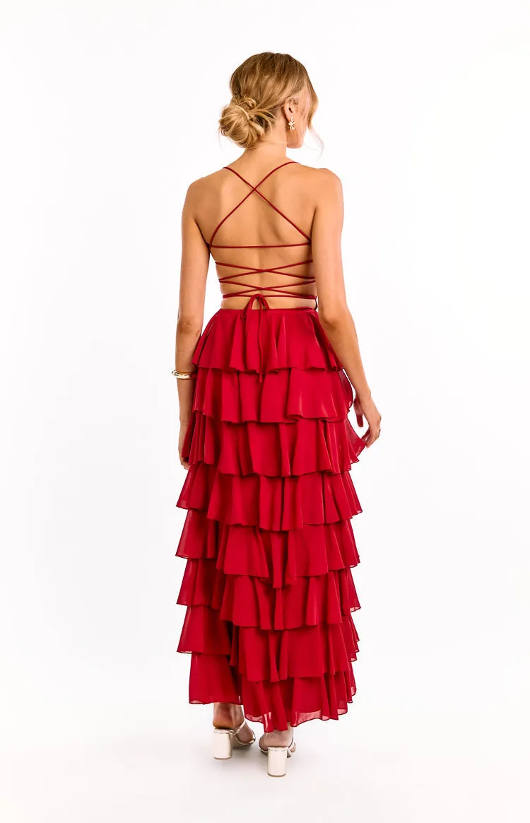 Kim Red Strapless Ruffle Maxi Dress sold by Beginning Boutique product image thumbnail 4