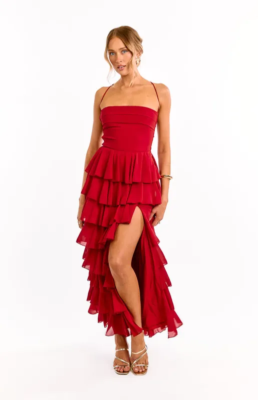 Kim Red Strapless Ruffle Maxi Dress sold by Beginning Boutique