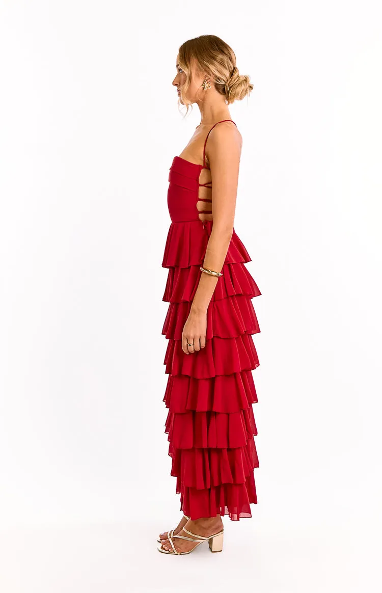 Kim Red Strapless Ruffle Maxi Dress sold by Beginning Boutique product image thumbnail 3