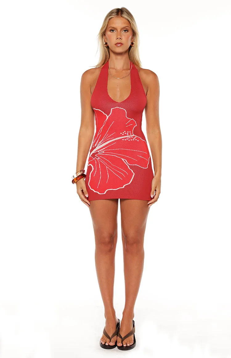 Elissa Red Knit Hibiscus Print Halter Mini Dress sold by Beginning Boutique product image thumbnail 5