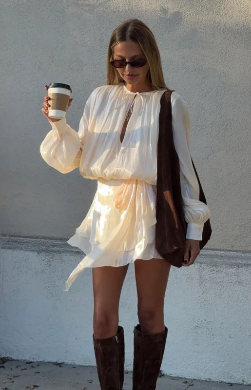 Quinton Pearl Satin Long Sleeve Tie Mini Dress sold by Beginning Boutique
