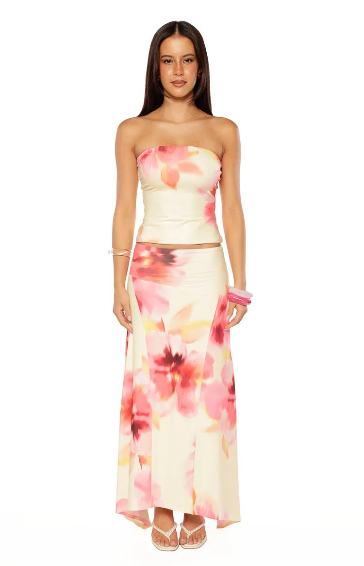 Alora Yellow and Pink Floral Print Hanky Hem Maxi Skirt sold by Beginning Boutique product image thumbnail 2