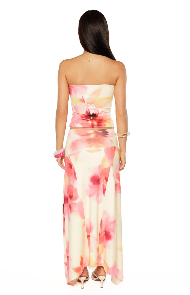Alora Yellow and Pink Floral Print Hanky Hem Maxi Skirt sold by Beginning Boutique product image thumbnail 4