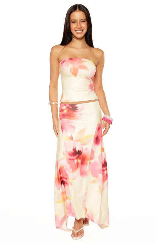 Alora Yellow and Pink Floral Print Hanky Hem Maxi Skirt sold by Beginning Boutique