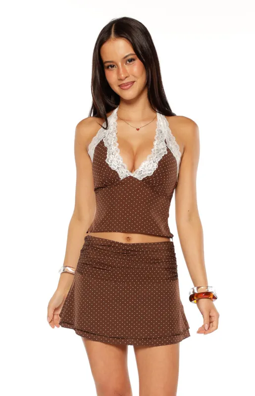 Casper Brown Polka Dot Halter Neck Top sold by Beginning Boutique