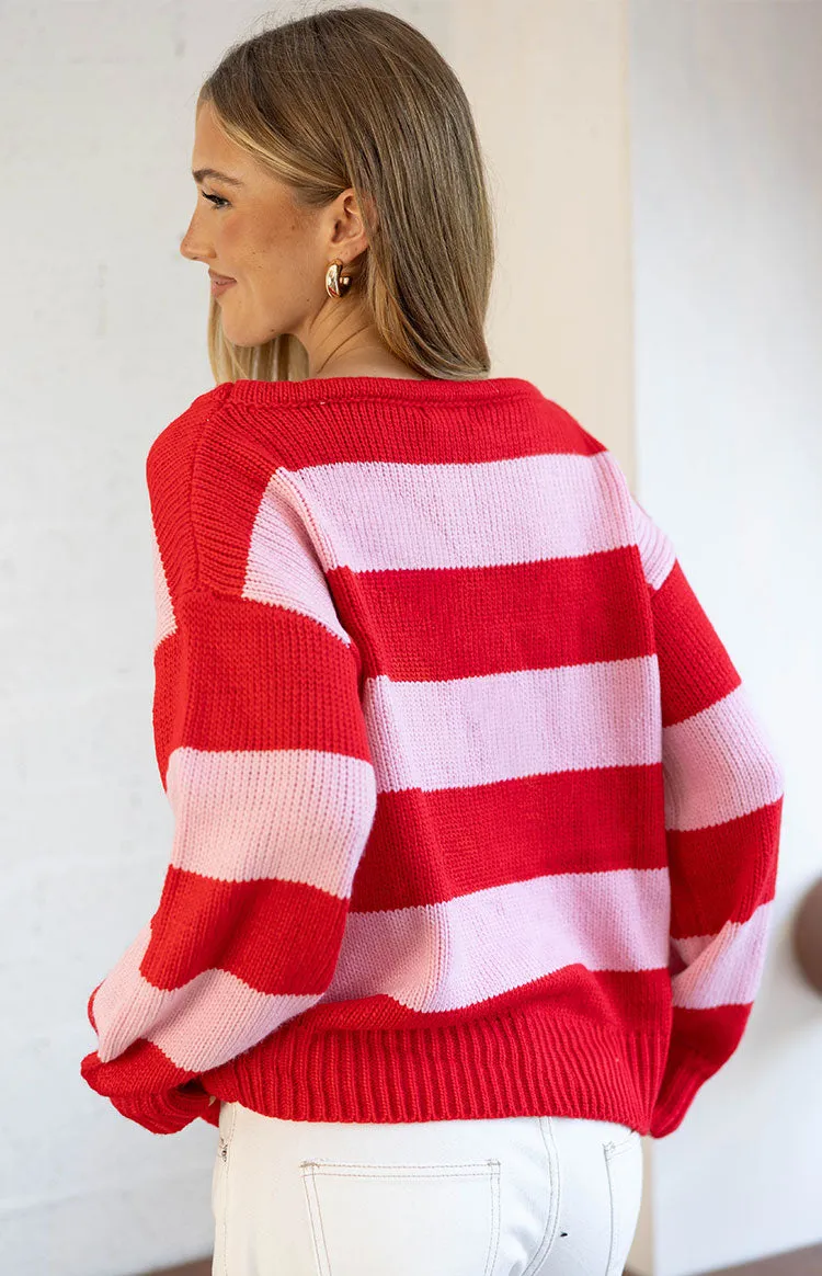 Finley Red and Pink Stripe Off Shoulder Knit Sweater sold by Beginning Boutique product image thumbnail 4