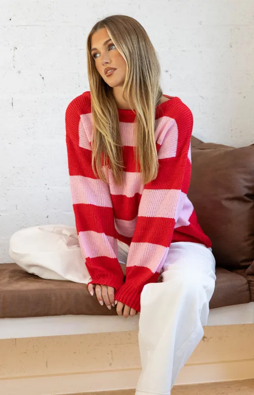Finley Red and Pink Stripe Off Shoulder Knit Sweater sold by Beginning Boutique