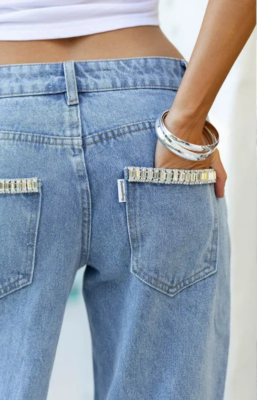 Kavira Light Wash Denim Diamante Trim Low Rise Jeans sold by Beginning Boutique