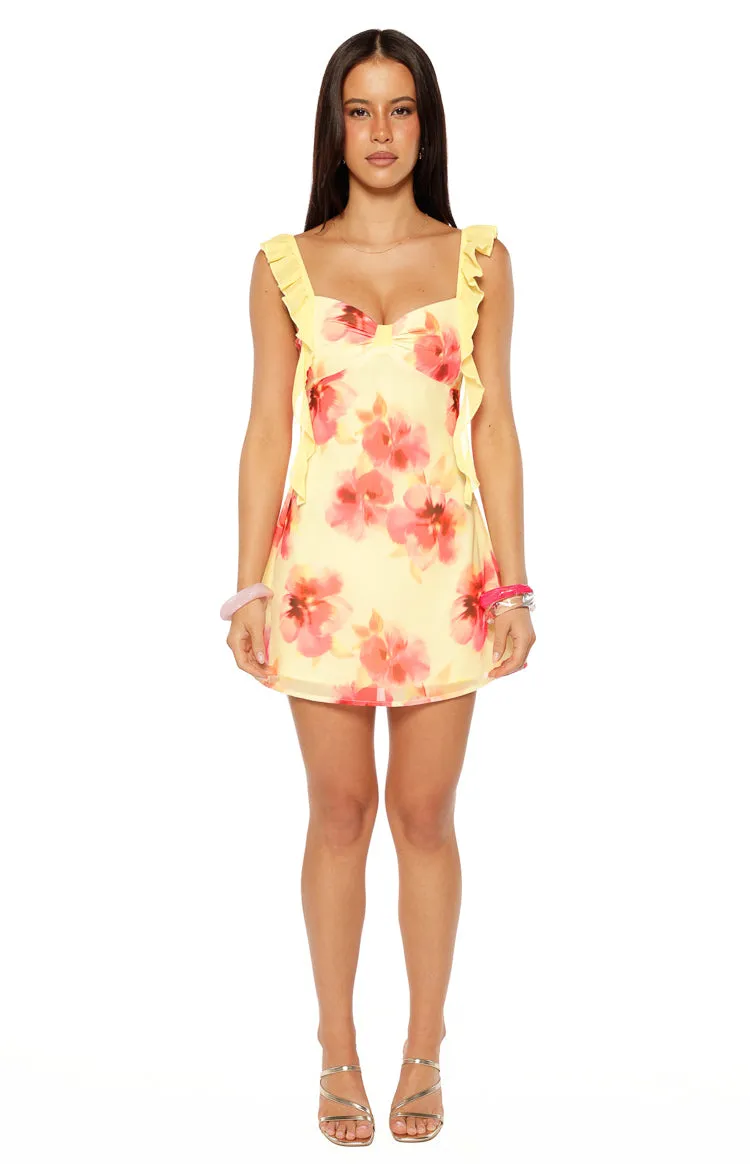 Joyce Yellow and Pink Floral Print Chiffon Mini Dress sold by Beginning Boutique product image thumbnail 3
