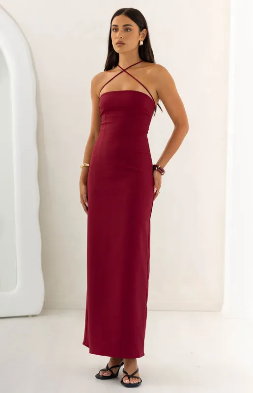 Del Mar Burgundy Crepe Formal Maxi Dress sold by Beginning Boutique