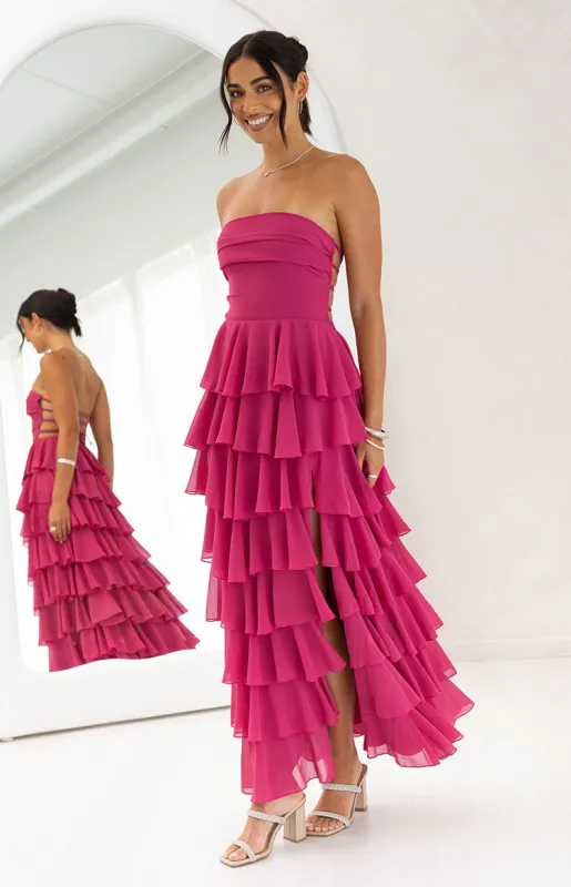 Kim Fuchsia Strapless Ruffle Maxi Dress sold by Beginning Boutique