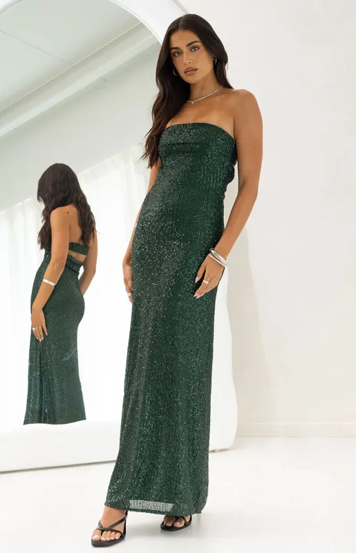 Maiah Emerald Green Sequin Maxi Dress sold by Beginning Boutique