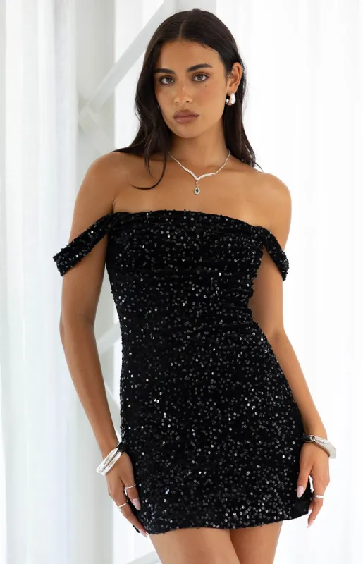 Zoella Black Velvet Sequin Off The Shoulder Mini Dress sold by Beginning Boutique
