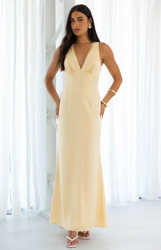 Nicolina Yellow Satin Formal Maxi Dress made by Beginning Boutique