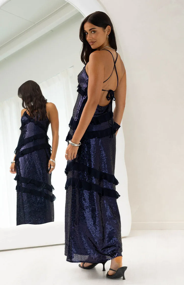 Inara Navy Sequin Ruffle Maxi Dress sold by Beginning Boutique product image thumbnail 4