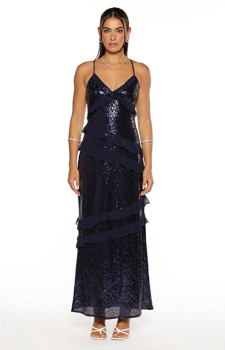 Inara Navy Sequin Ruffle Maxi Dress sold by Beginning Boutique product image thumbnail 5