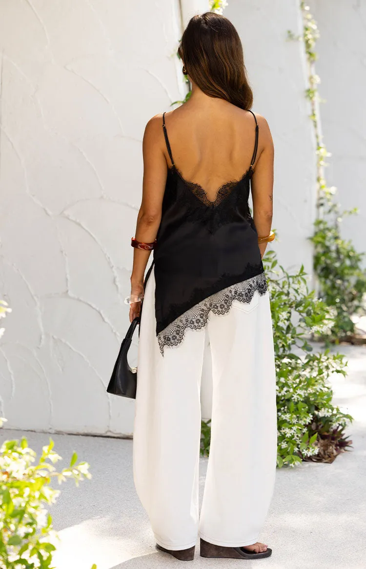 Ziva Black Satin Lace Trim Asymmetrical Top sold by Beginning Boutique product image thumbnail 5