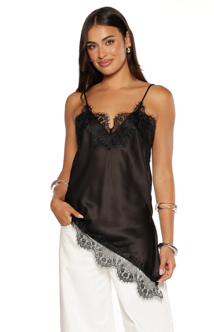 Ziva Black Satin Lace Trim Asymmetrical Top sold by Beginning Boutique product image thumbnail 2