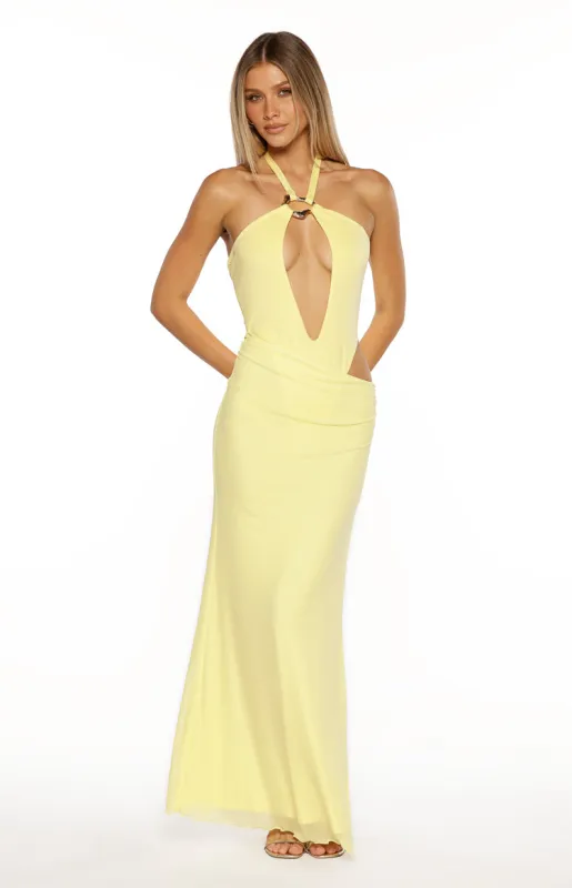 Stella Yellow Halter Cut Out Maxi Dress sold by Beginning Boutique