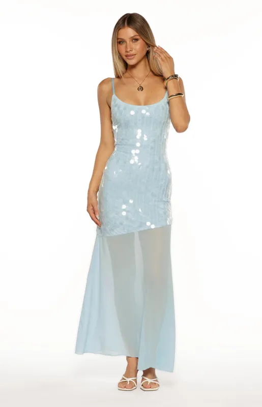 Belinda Light Blue Sequin Maxi Dress sold by Beginning Boutique