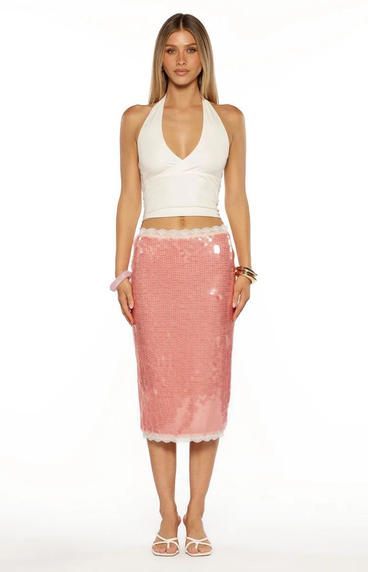 Petra Pink Sequin Lace Trim Midi Skirt sold by Beginning Boutique product image thumbnail 2
