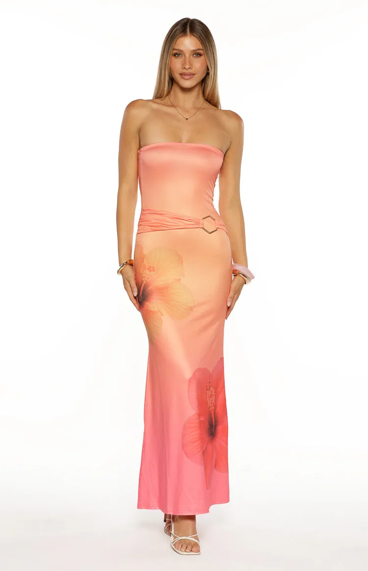 Summa Pink Ombre Hibiscus Strapless Maxi Dress sold by Beginning Boutique