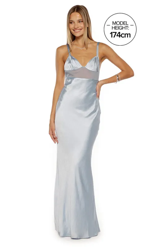 Ava Light Blue Satin Formal Maxi Dress sold by Beginning Boutique
