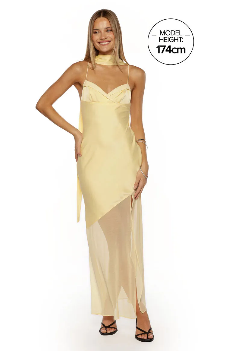 Laila Yellow Satin Scarf Formal Maxi Dress sold by Beginning Boutique