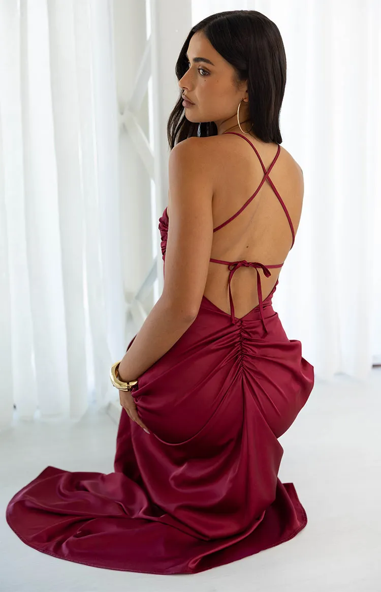 Blaise Burgundy Satin Maxi Dress sold by Beginning Boutique product image thumbnail 4