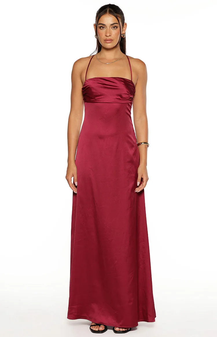 Blaise Burgundy Satin Maxi Dress sold by Beginning Boutique product image thumbnail 5