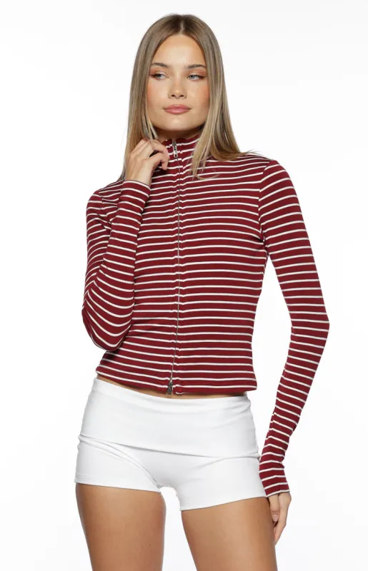 Poppi Burgundy Stripe Double Zip Sweater sold by Beginning Boutique