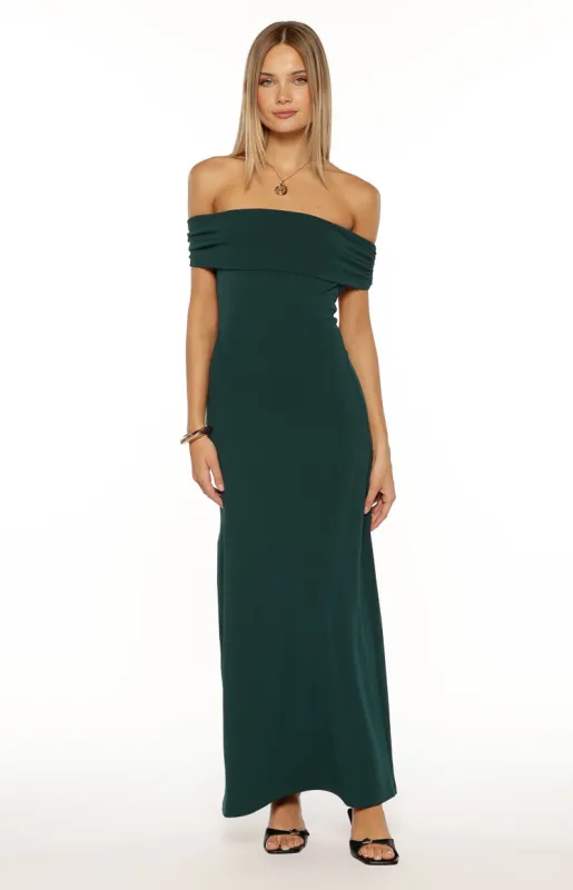 Erica Teal Crepe Off the Shoulder Maxi Dress sold by Beginning Boutique