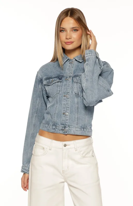 Elana Mid Wash Cinched Waist Denim Jacket sold by Beginning Boutique