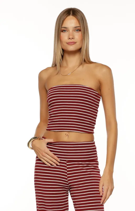 Vaeda Burgundy Stripe Strapless Tube Top sold by Beginning Boutique
