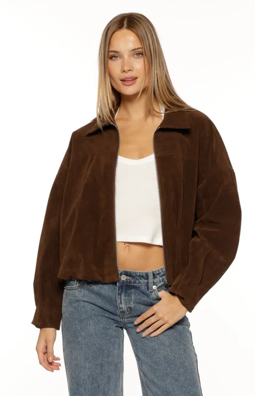 Brookie Brown Suedette Cuff Sleeve Bomber Jacket sold by Beginning Boutique