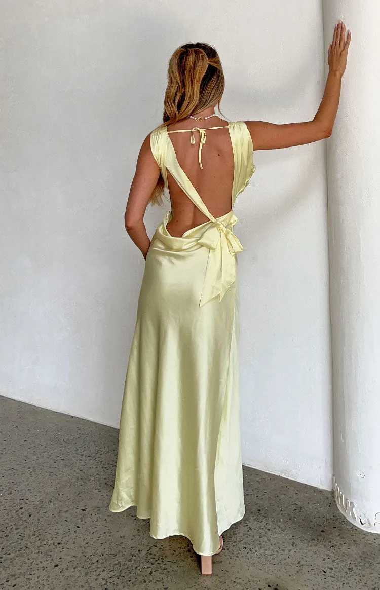 Laria Yellow Satin Formal Maxi Dress sold by Beginning Boutique