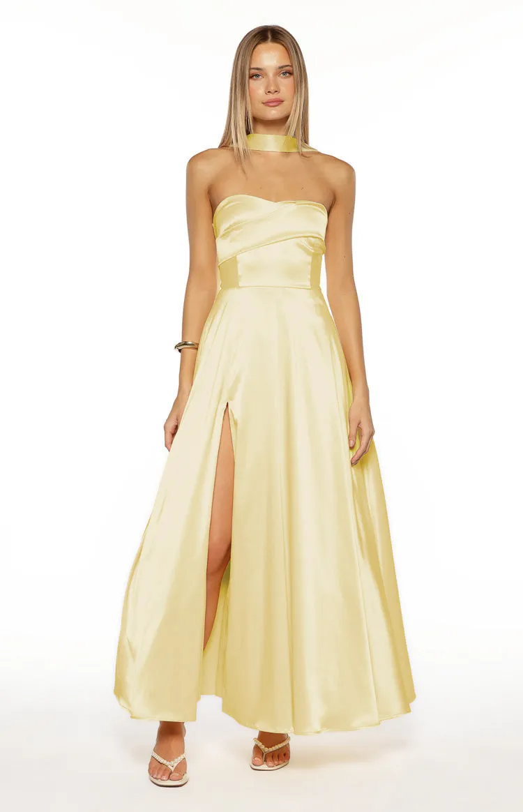 Lucy Yellow Strapless Satin Formal Maxi Dress sold by Beginning Boutique product image thumbnail 5