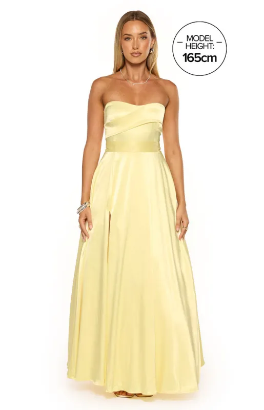 Lucy Yellow Strapless Satin Formal Maxi Dress sold by Beginning Boutique