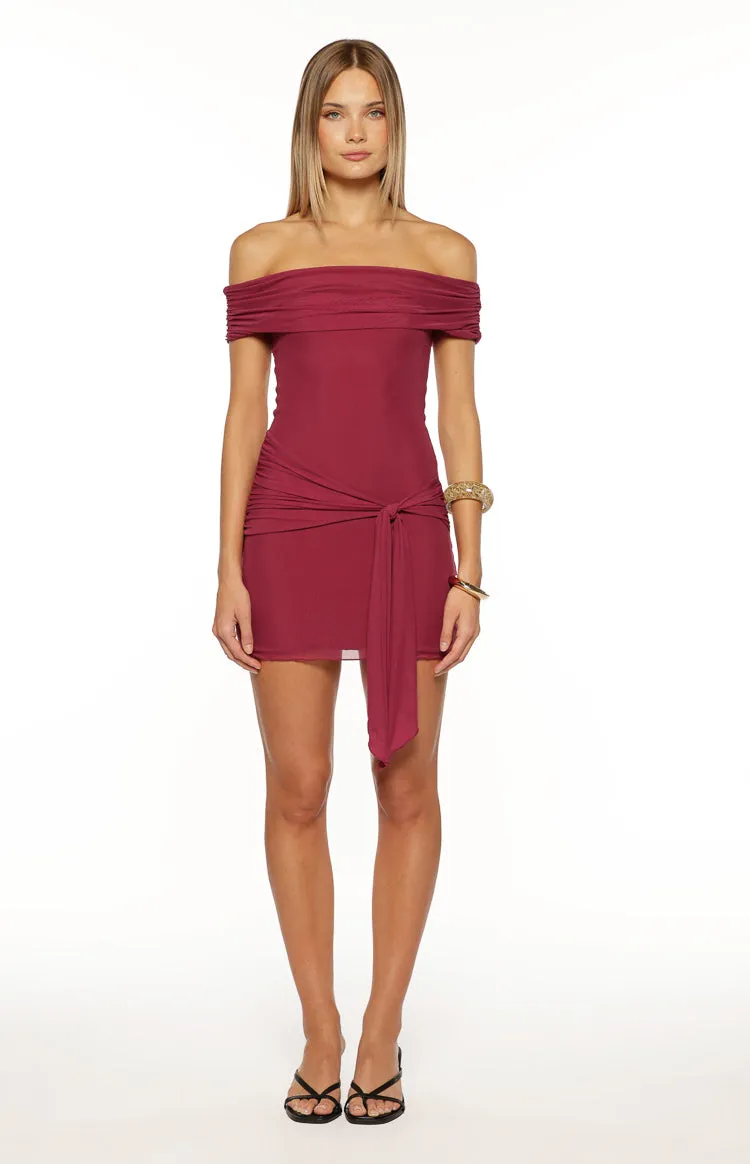 Heather Burgundy Off Shoulder Wrap Mini Dress sold by Beginning Boutique product image thumbnail 5