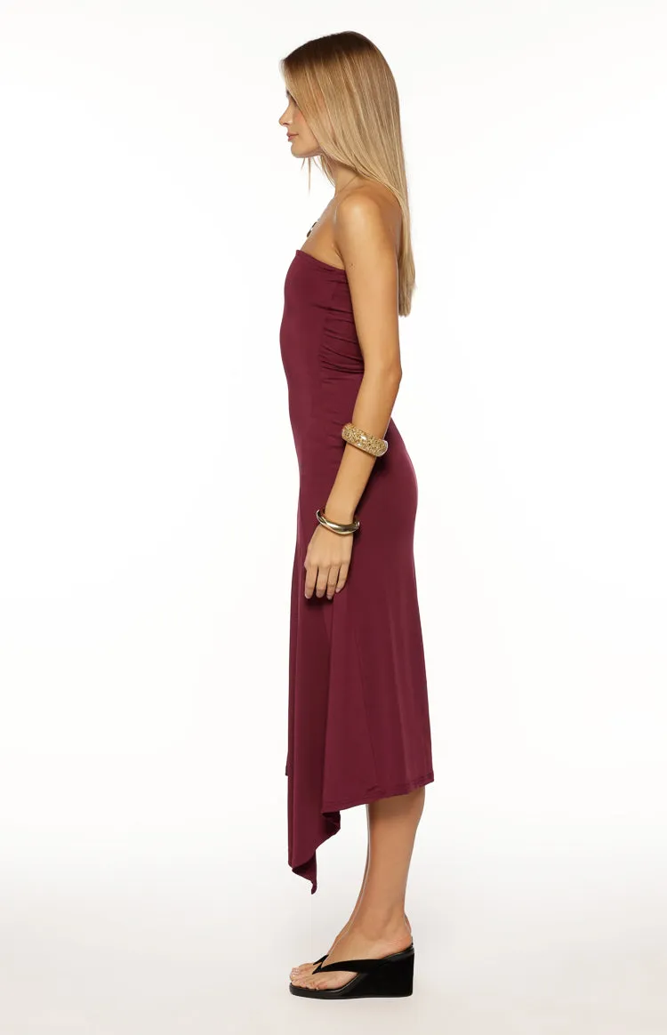 Maura Plum Strapless Asymmetrical Midi Dress sold by Beginning Boutique product image thumbnail 5