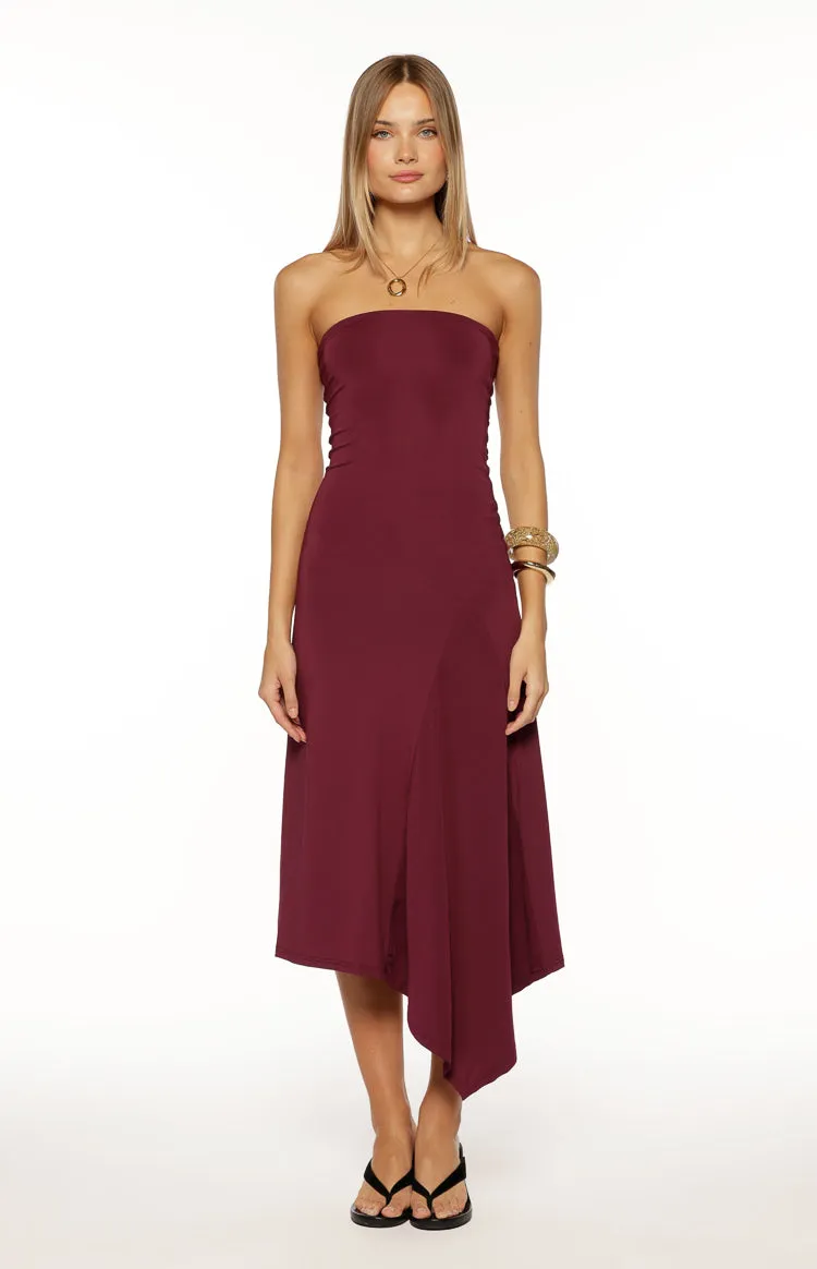 Maura Plum Strapless Asymmetrical Midi Dress sold by Beginning Boutique product image thumbnail 4