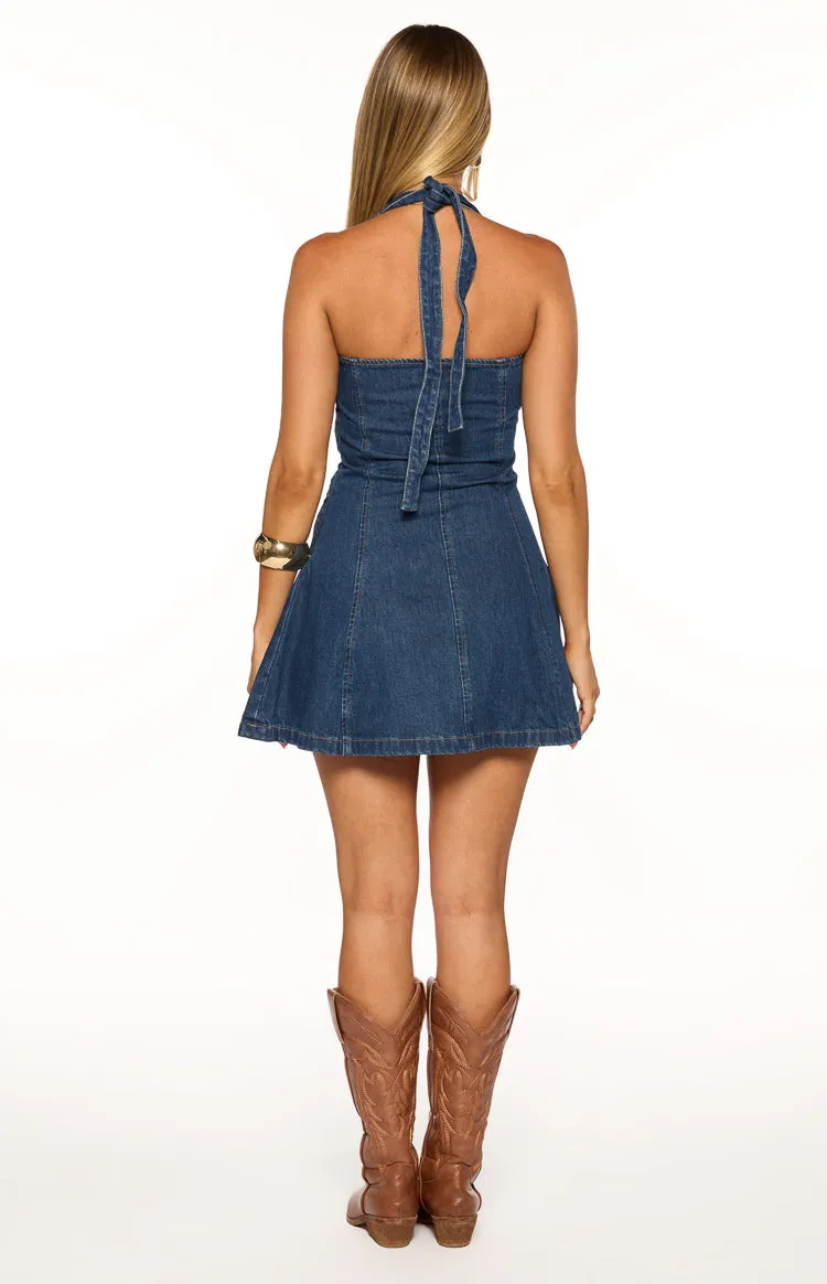 Isalin Mid Wash Denim Halter Mini Dress sold by Beginning Boutique product image thumbnail 5