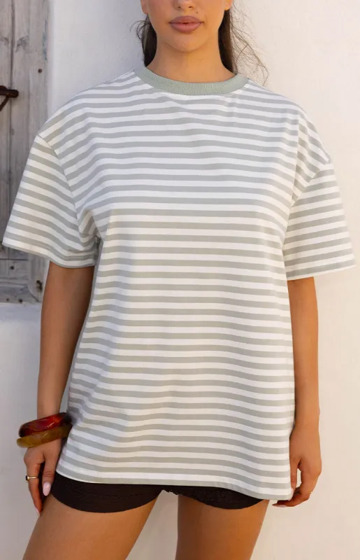 Alba Sage Stripe Oversized Tee sold by Beginning Boutique