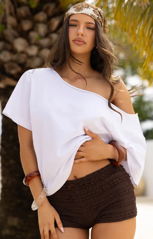 Henrie White Off Shoulder Boxy Tee sold by Beginning Boutique