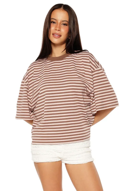 Lioness Bloom Short Sleeve Top Chocolate Blush Stripe sold by Beginning Boutique