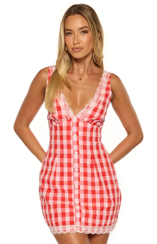 Elliana Red Gingham Lace Trim Mini Dress sold by Beginning Boutique