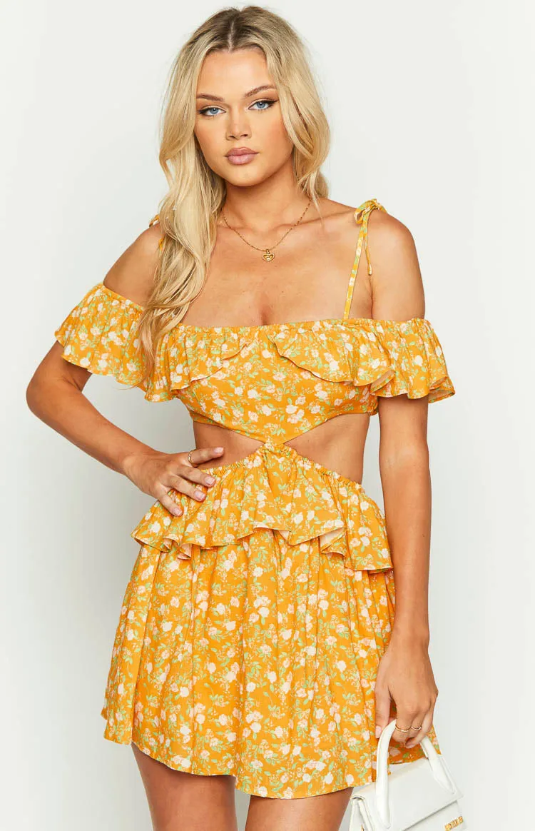Alyssa Orange Floral Ruffle Mini Dress sold by Beginning Boutique