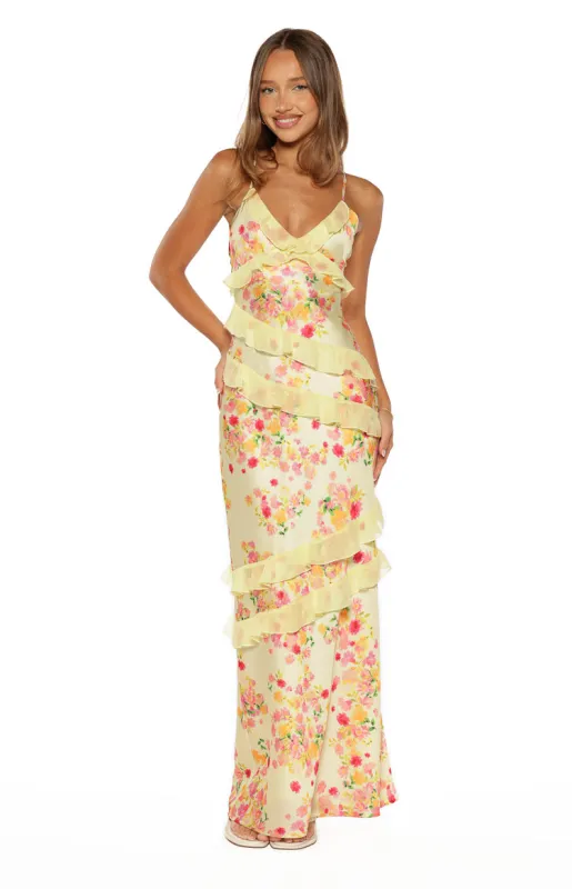 Inara Yellow Bloom Ruffle Maxi Dress sold by Beginning Boutique